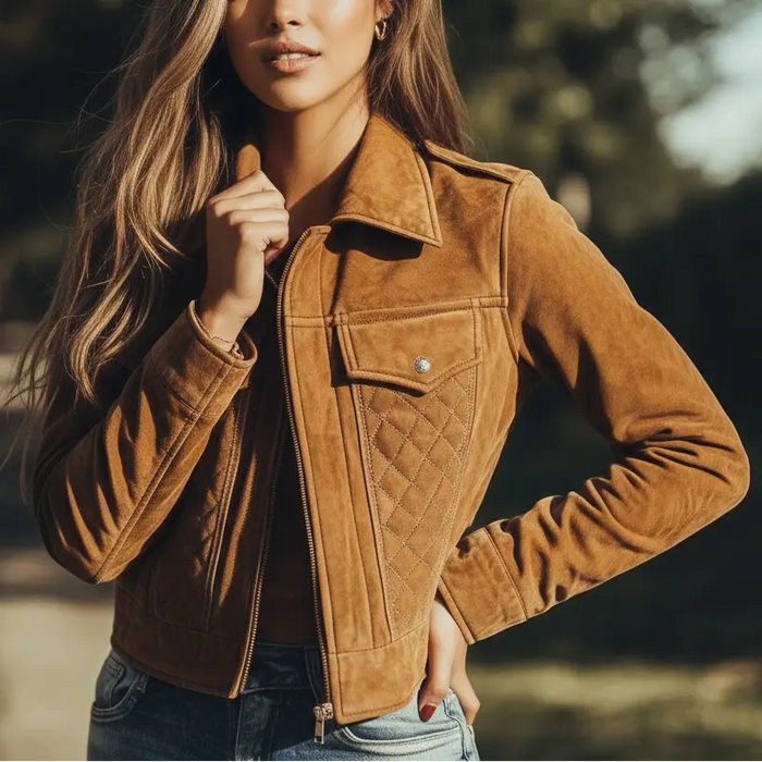 Woman wearing a brown suede jacket outdoors with trees in the background