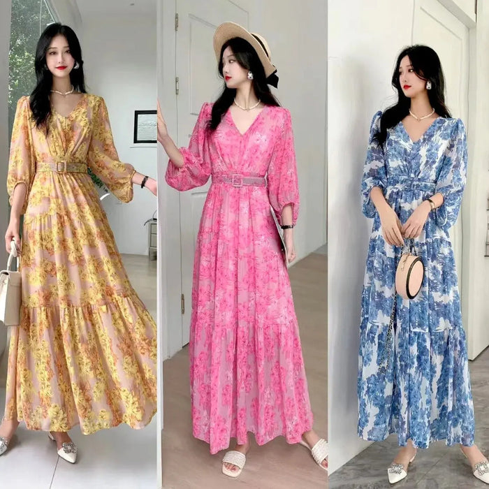 Floral Lantern Sleeve Belt Dress fashionnsio