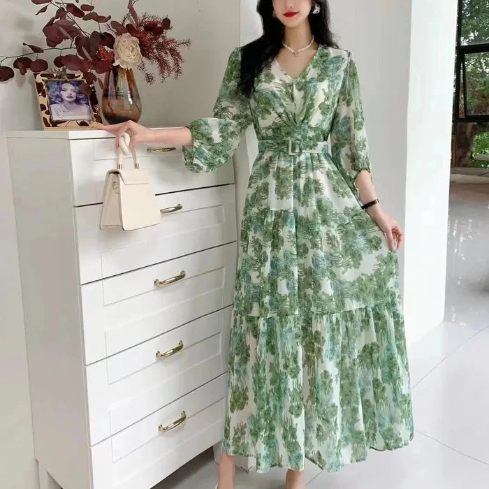 Floral Lantern Sleeve Belt Dress fashionnsio