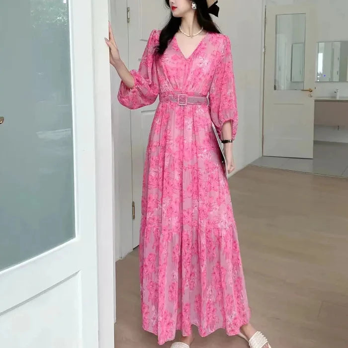Floral Lantern Sleeve Belt Dress fashionnsio