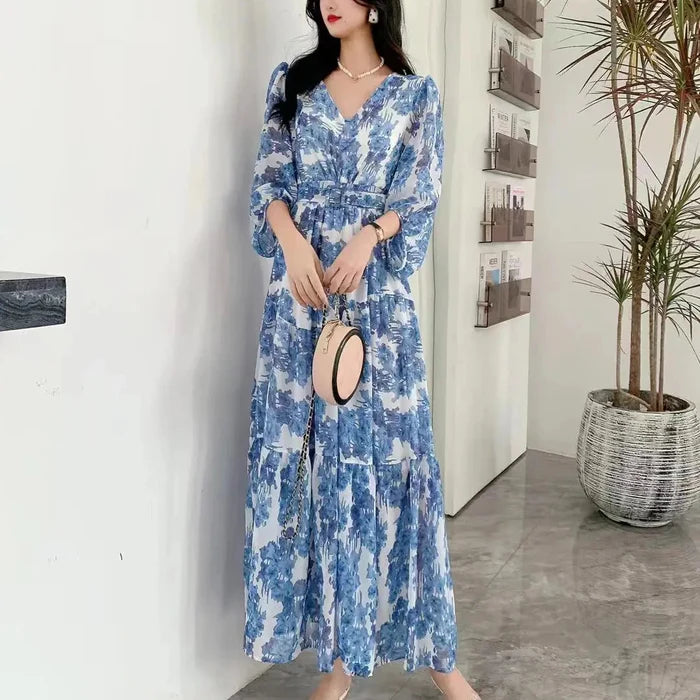 Floral Lantern Sleeve Belt Dress fashionnsio