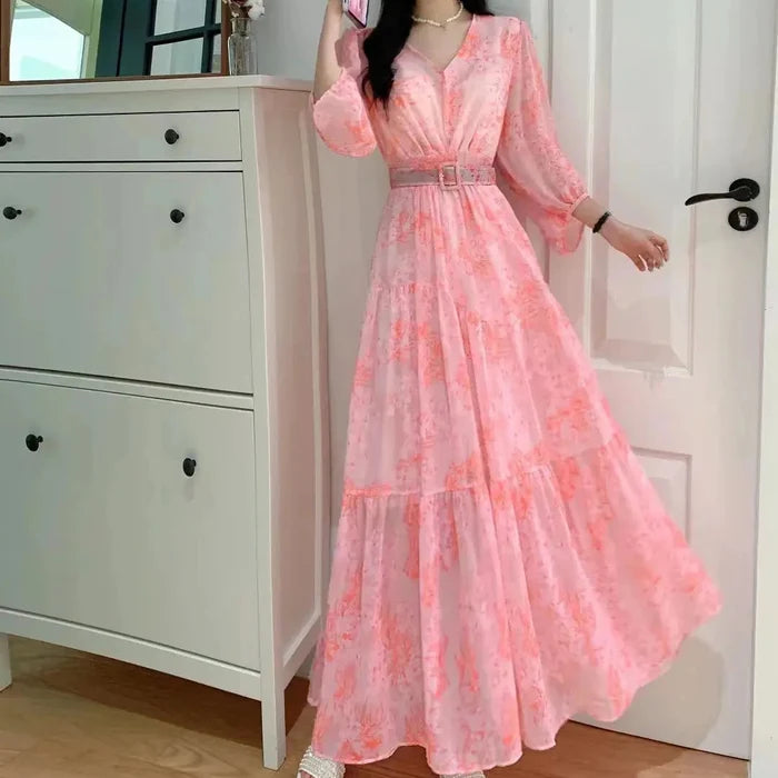 Floral Lantern Sleeve Belt Dress fashionnsio