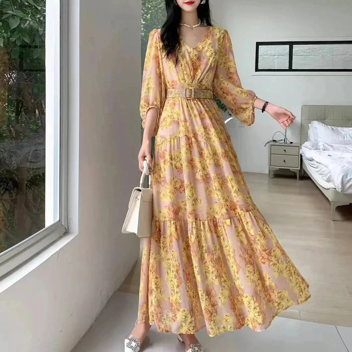 Floral Lantern Sleeve Belt Dress fashionnsio
