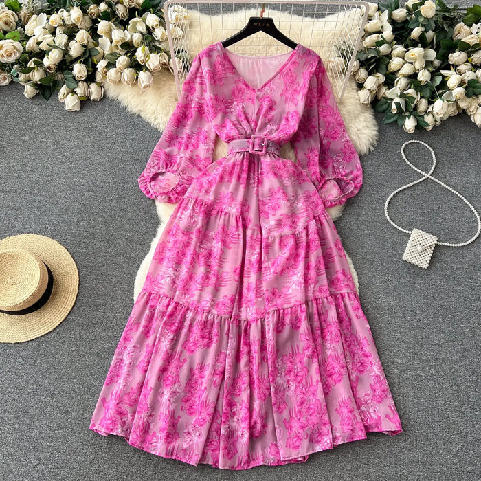 Floral Lantern Sleeve Belt Dress fashionnsio