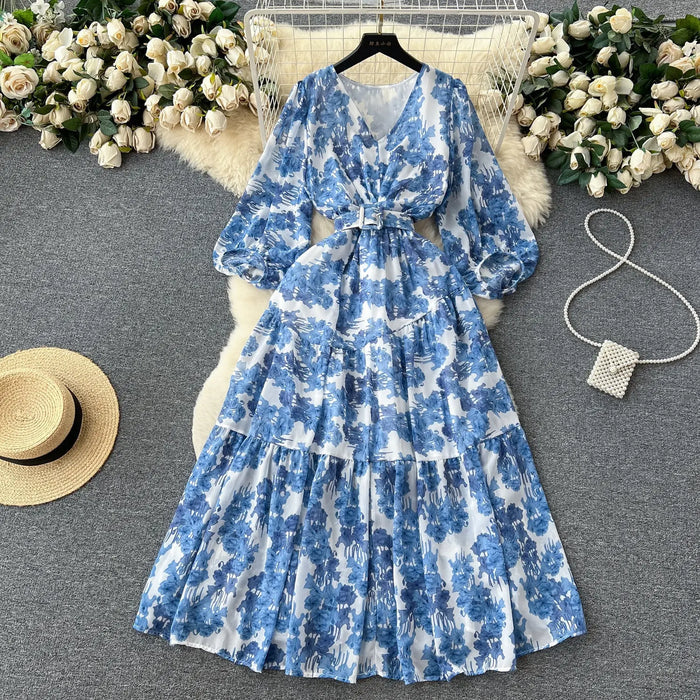 Floral Lantern Sleeve Belt Dress fashionnsio