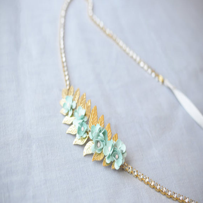 Flower Bridal Sash, Gold Wedding Sash with Mint Flowers and Crystals, Leaf Sash, SA0042