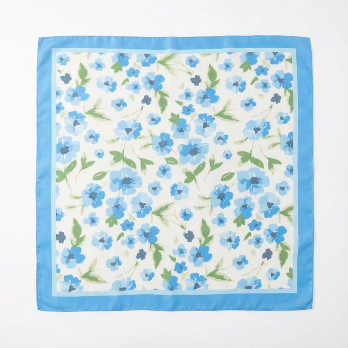 Flowers Square Silk Feel Scarf (70x70cm) - Blue