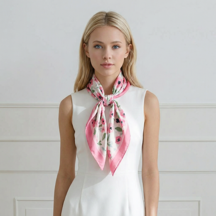 Flowers Square Silk Feel Scarf (70x70cm) - Pink