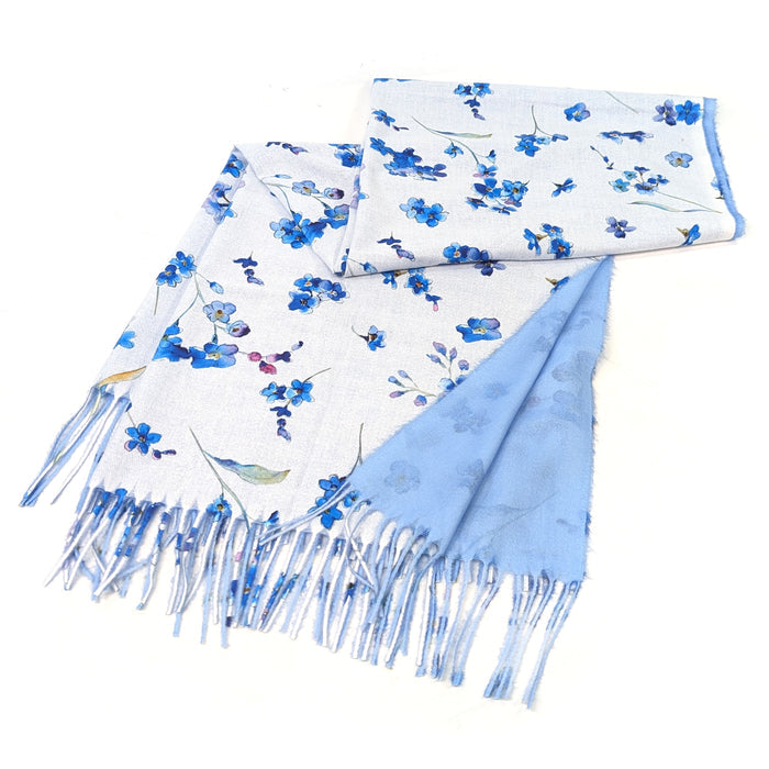 Forget Me Not Pashmina Style Scarf (70x180cm) - White/Sky Blue