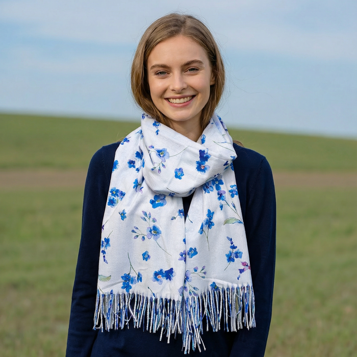 Forget Me Not Pashmina Style Scarf (70x180cm) - White/Sky Blue