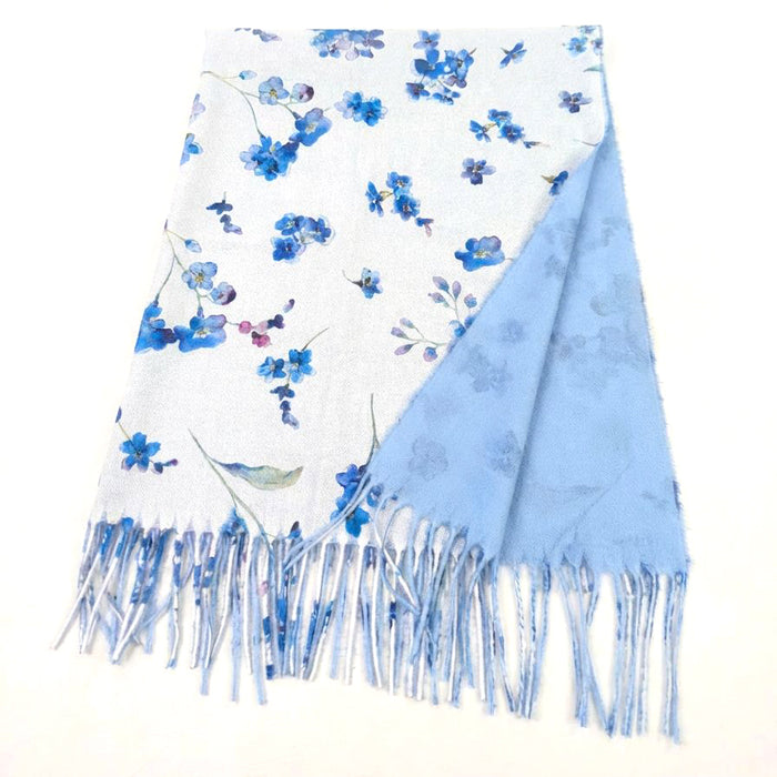 Forget Me Not Pashmina Style Scarf (70x180cm) - White/Sky Blue