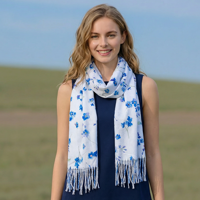 Forget Me Not Pashmina Style Scarf (70x180cm) - White/Sky Blue