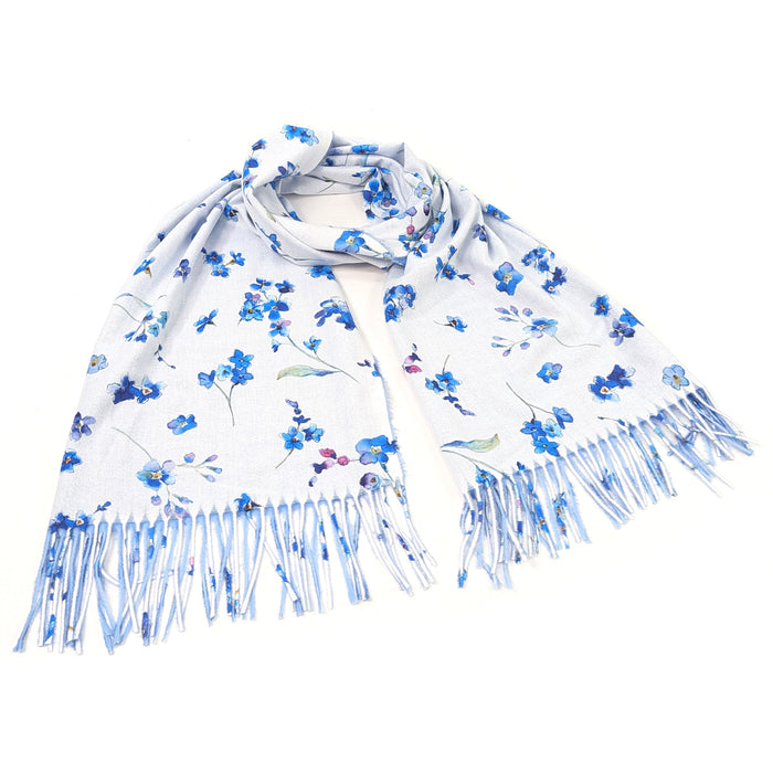 Forget Me Not Pashmina Style Scarf (70x180cm) - White/Sky Blue