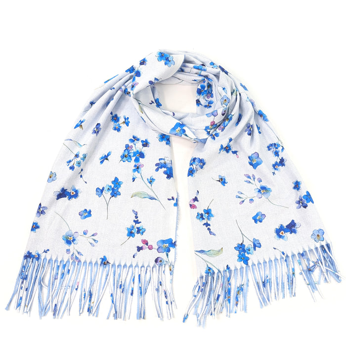Forget Me Not Pashmina Style Scarf (70x180cm) - White/Sky Blue