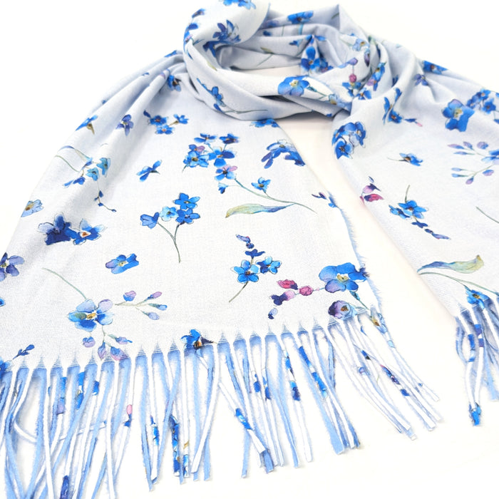 Forget Me Not Pashmina Style Scarf (70x180cm) - White/Sky Blue