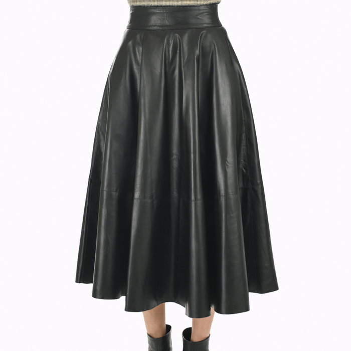 Genuine Lambskin Leather A-Line Midi Skirt