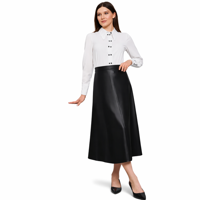 Genuine Lambskin Leather A-Line Midi Skirt