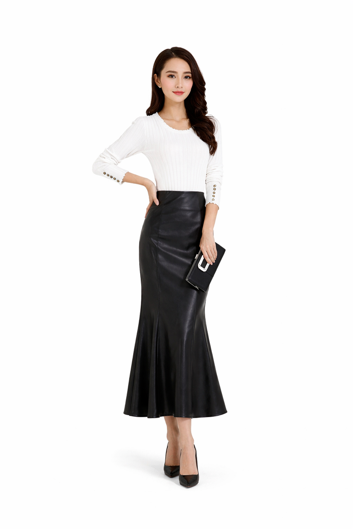 Genuine Lambskin Leather Trumpet Style Maxi Skirt