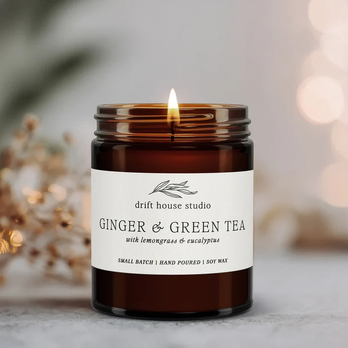 Ginger & Green Tea - Scented Soy Candle in Amber Jar