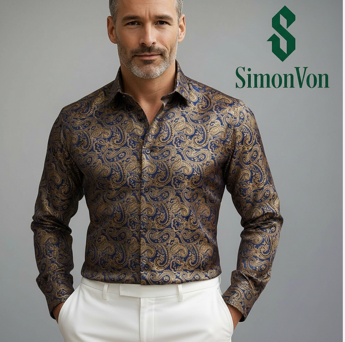Gold  Blue Paisley  Button Down Men's Dress Shirt- CYDJ-2619