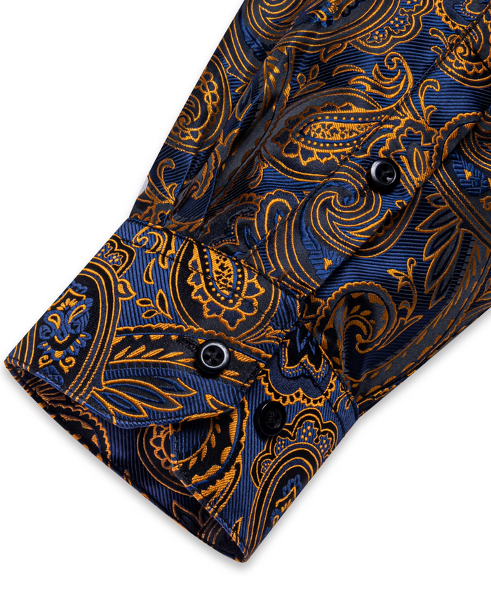 Gold  Blue Paisley  Button Down Men's Dress Shirt- CYDJ-2619