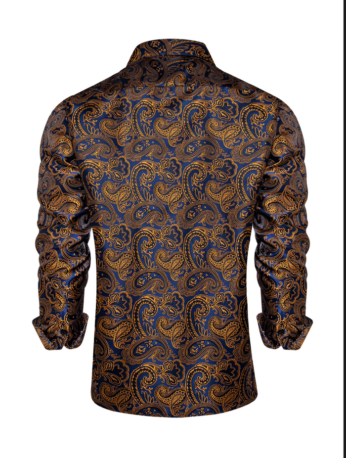 Gold  Blue Paisley  Button Down Men's Dress Shirt- CYDJ-2619