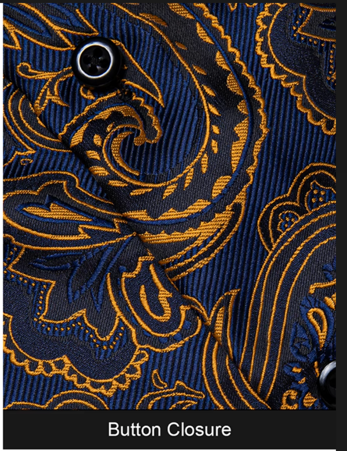 Gold  Blue Paisley  Button Down Men's Dress Shirt- CYDJ-2619
