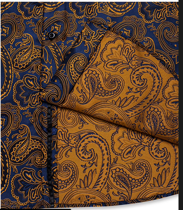 Gold  Blue Paisley  Button Down Men's Dress Shirt- CYDJ-2619