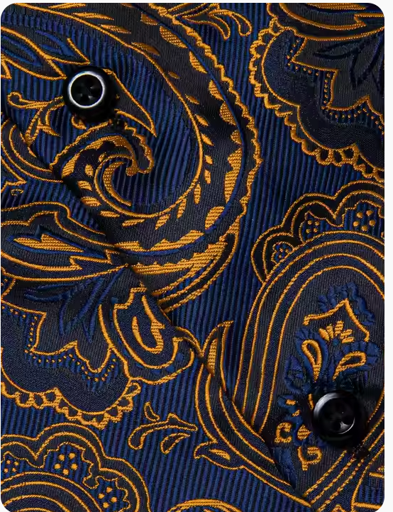 Gold  Blue Paisley  Button Down Men's Dress Shirt- CYDJ-2619