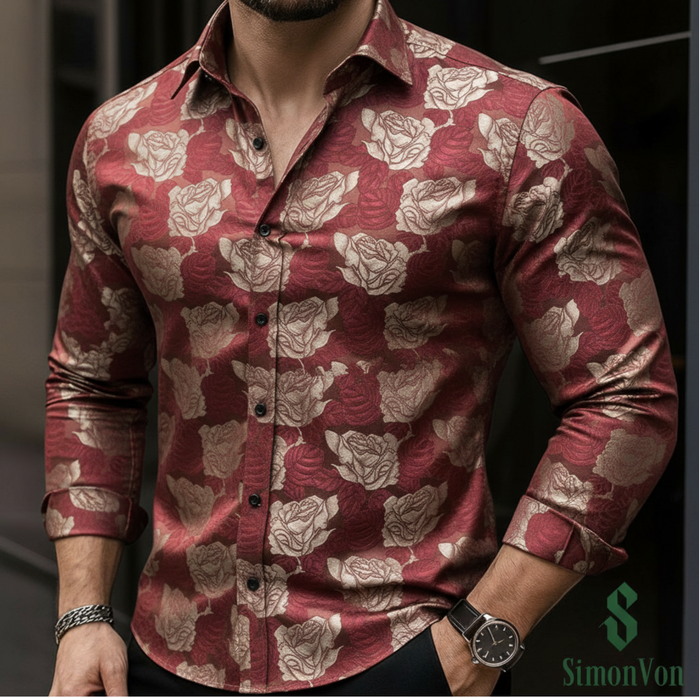 Gold Floral Button Up Shirt Casual Burgundy Polyester Long Sleeve Dress Shirt- CYDJ-1007