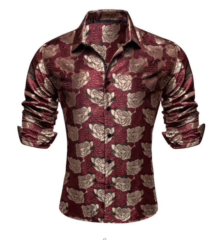 Gold Floral Button Up Shirt Casual Burgundy Polyester Long Sleeve Dress Shirt- CYDJ-1007