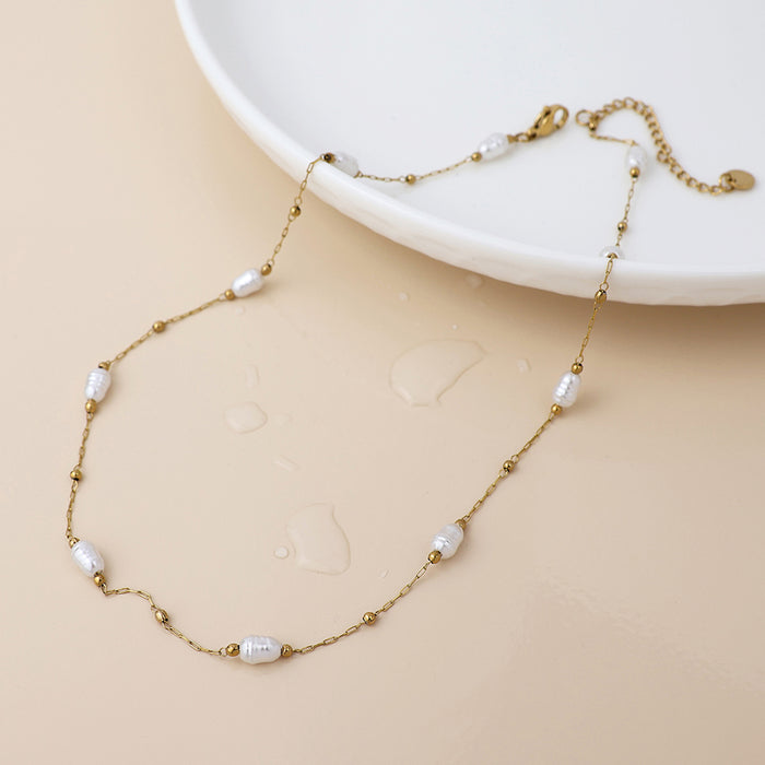 Gold Plated Stainless Steel Freshwater Pearl Station Chain Necklace