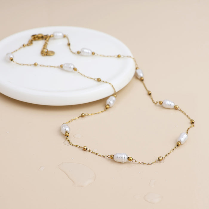 Gold Plated Stainless Steel Freshwater Pearl Station Chain Necklace