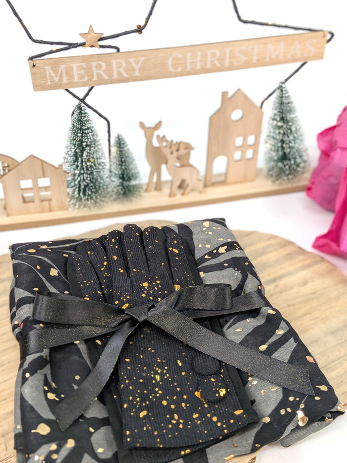Golden Glow Gift Set – Black Glitter Gloves & Leaf Print Scarf