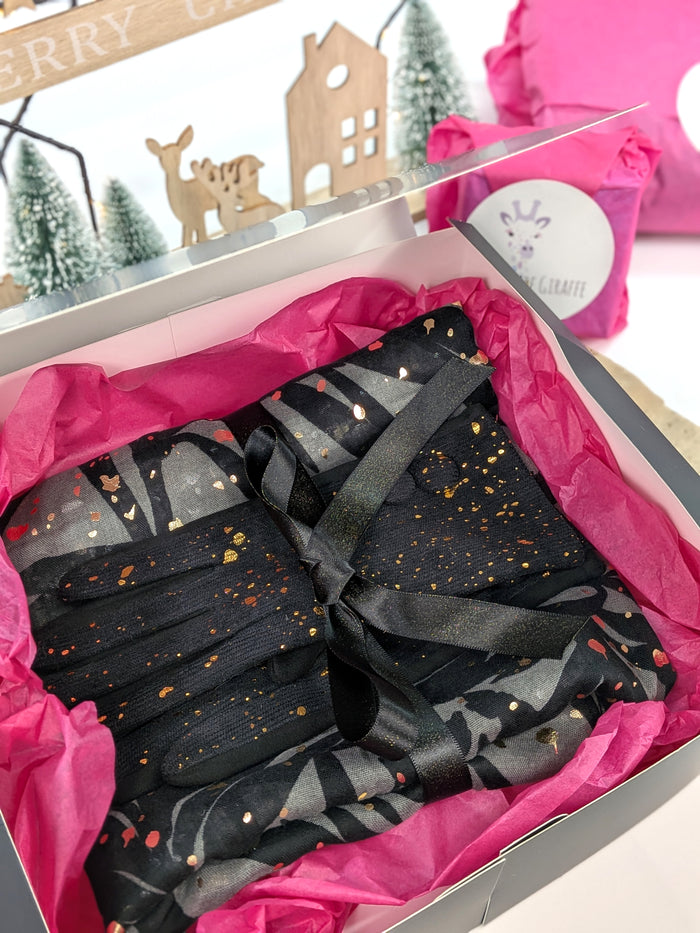 Golden Glow Gift Set – Black Glitter Gloves & Leaf Print Scarf