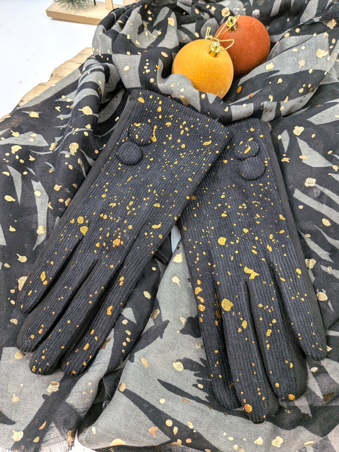 Golden Glow Gift Set – Black Glitter Gloves & Leaf Print Scarf