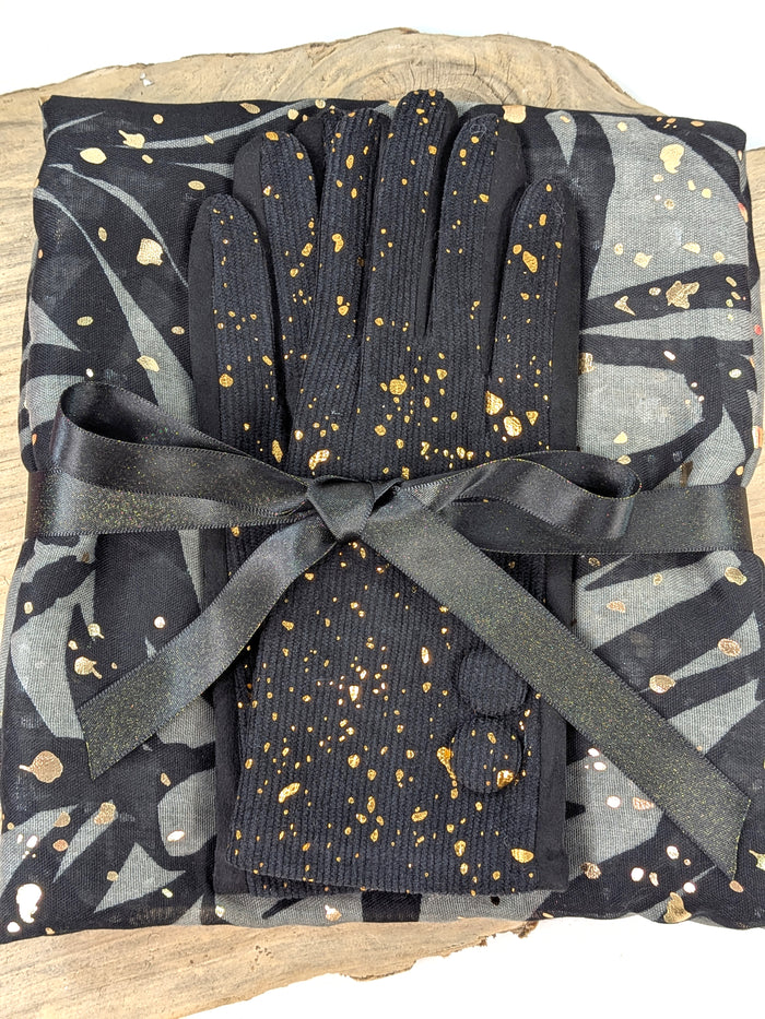 Golden Glow Gift Set – Black Glitter Gloves & Leaf Print Scarf