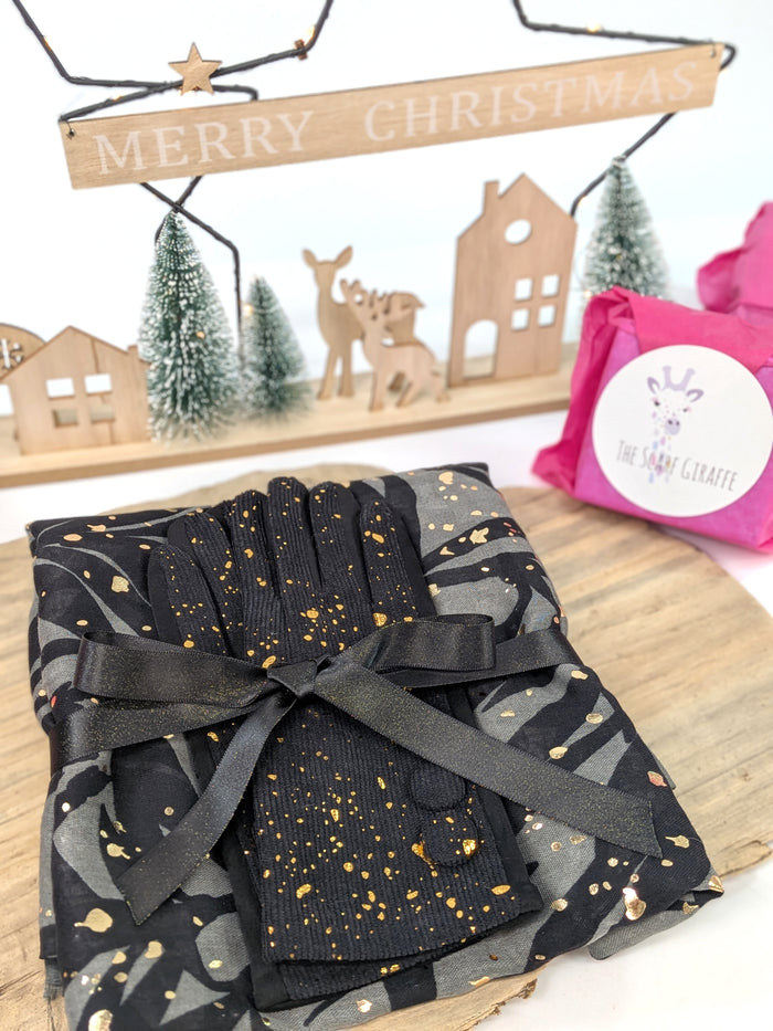 Golden Glow Gift Set – Black Glitter Gloves & Leaf Print Scarf