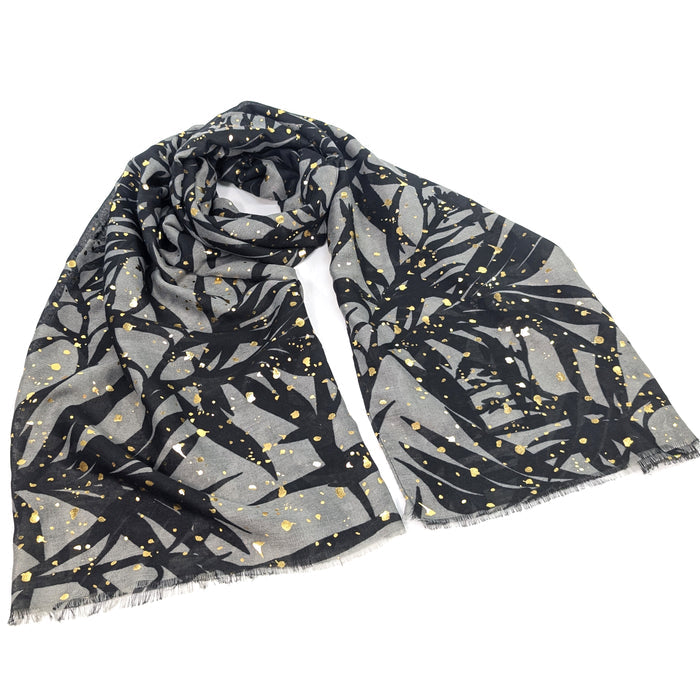 Golden Glow Gift Set – Black Glitter Gloves & Leaf Print Scarf
