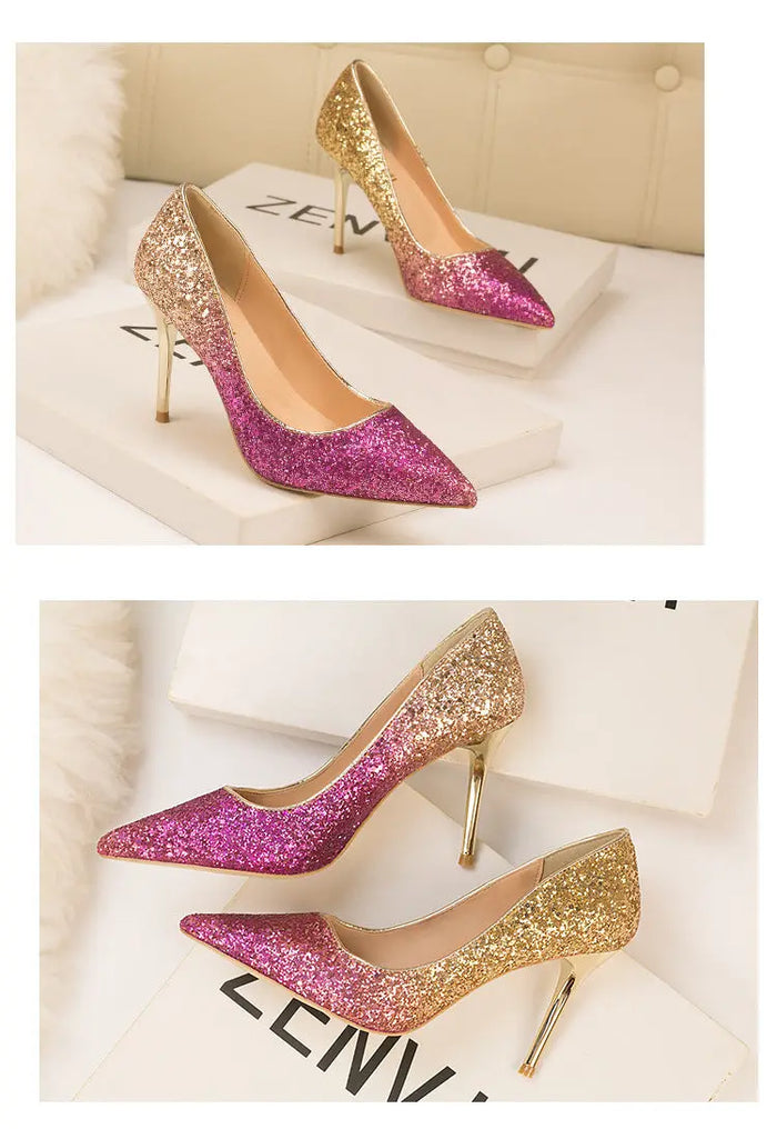 Sequin Gradient Pointed Heels fashionnsio