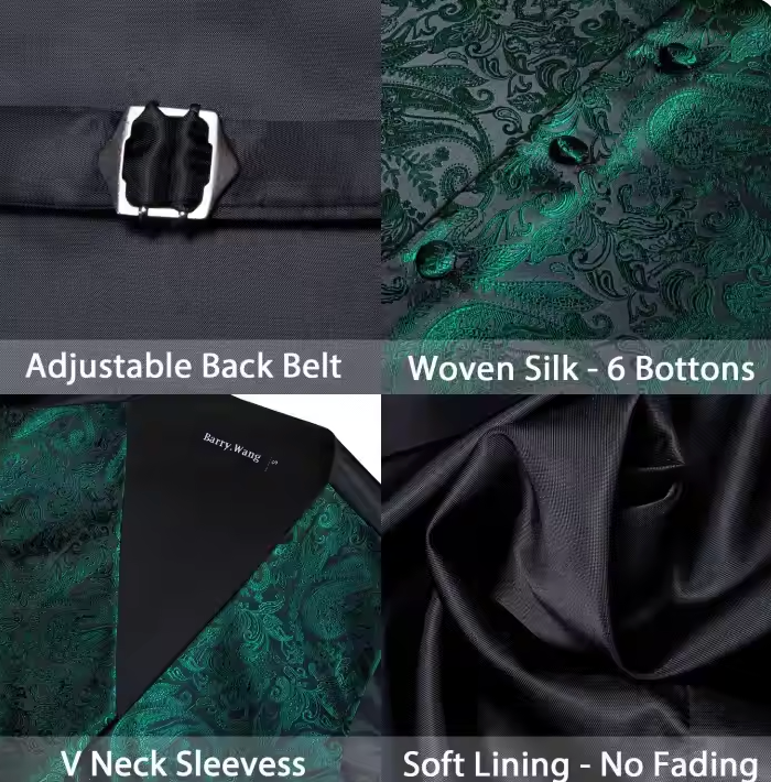 Green Floral Jacquard Silk Waistcoat Vest Necktie Handkerchief Cufflinks Set-MJ-2098