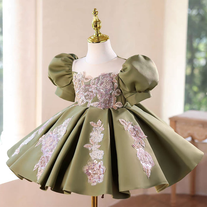 Green Flower Girl Dress Puffy Sleeves for Wedding  Birthday Party D107
