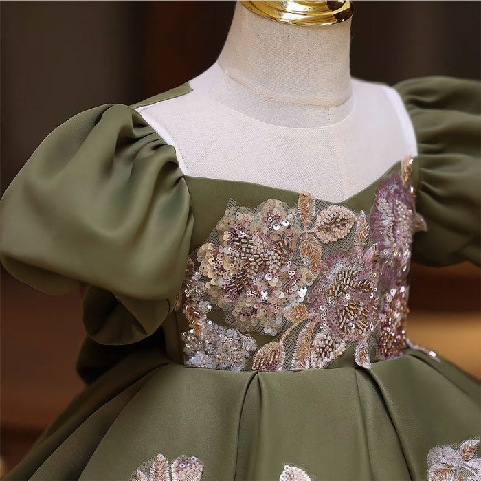 Green Satin Puff Sleeves for Weddings Birthdays Knee Length D131