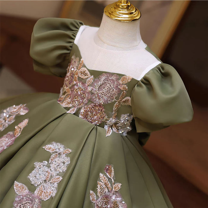 Green Satin Puff Sleeves for Weddings Birthdays Knee Length D131