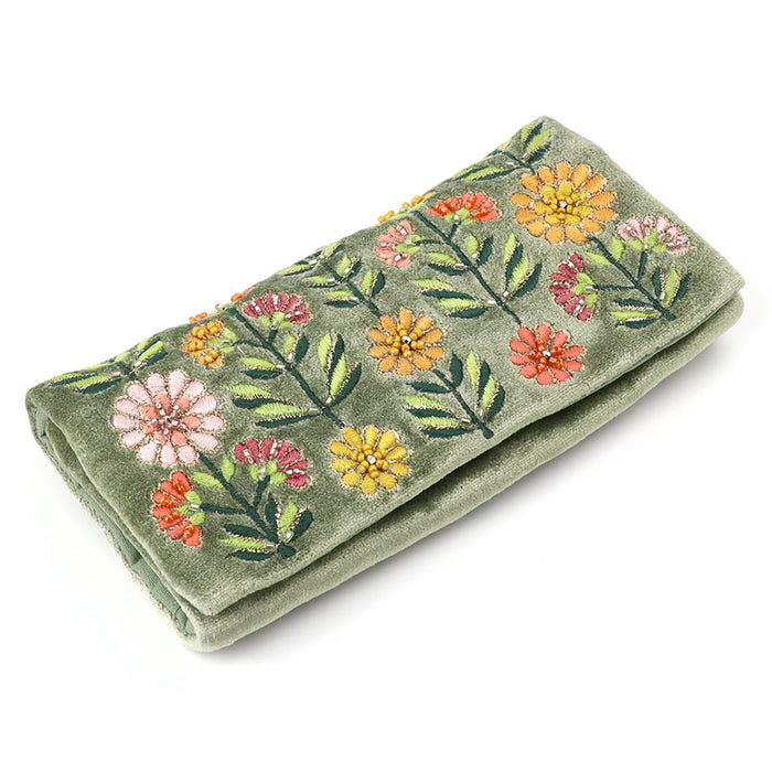 Green Velvet Dahlias Embroidered Jewellery Roll