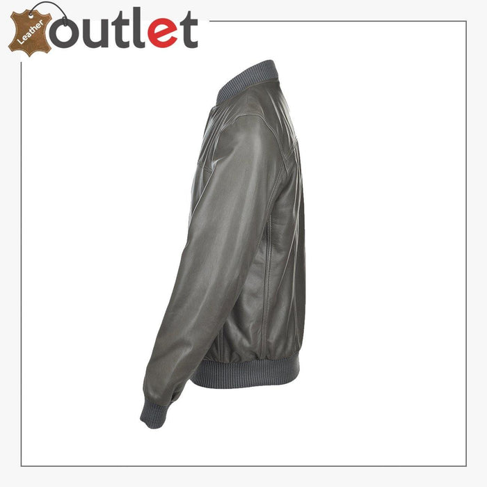 Grey Leather Bomber Jacket - Leather Outlet