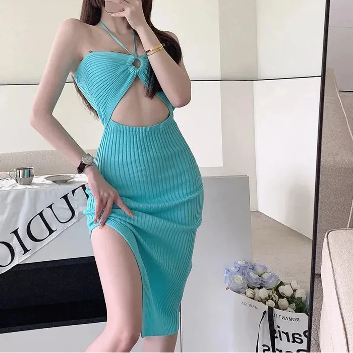 Halter Neck Cut-out Knitted Dress fashionnsio
