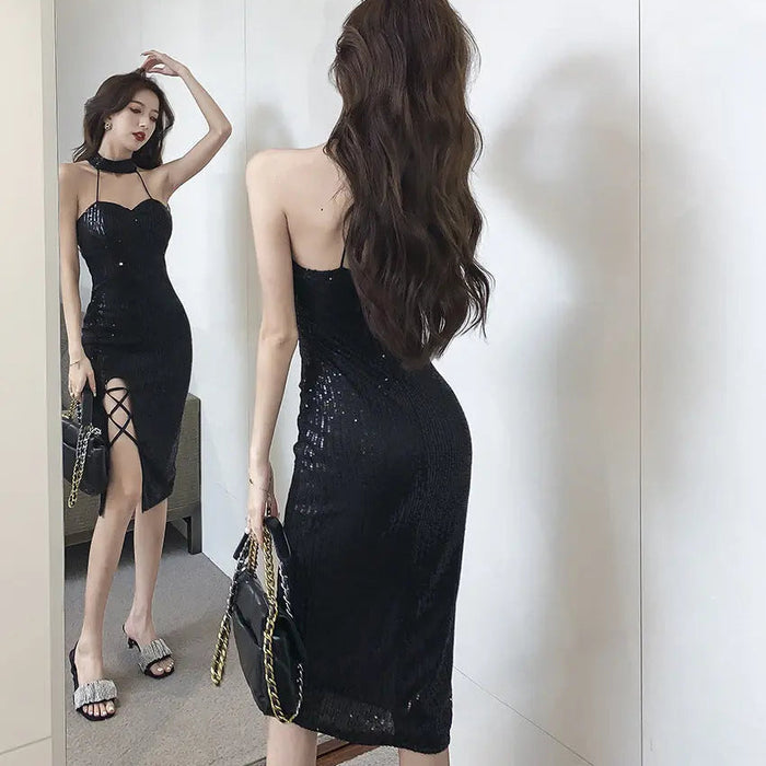 Sequin Lace Up Black Dress fashionnsio
