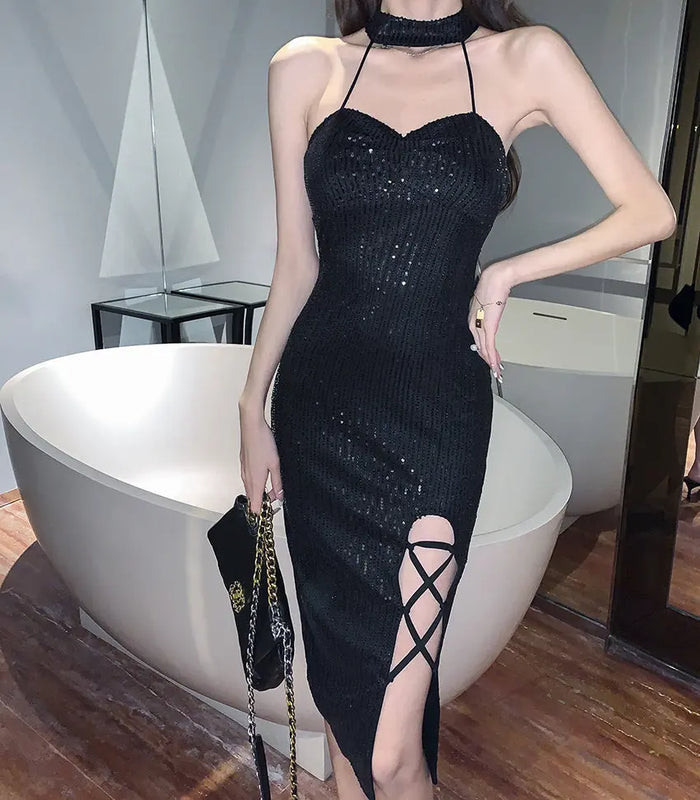 Sequin Lace Up Black Dress fashionnsio