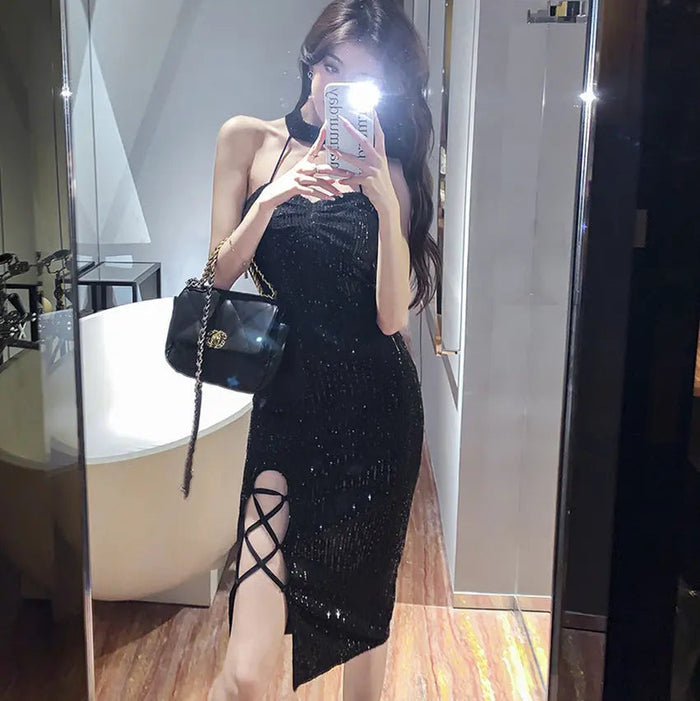 Sequin Lace Up Black Dress fashionnsio